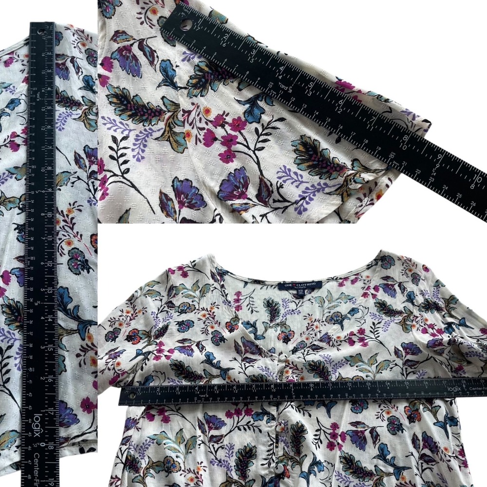 ONE Clothing LA Women's XS Cream Pink Floral Tie Front Short Sleeves Crop Blouse - Picture 4 of 16
